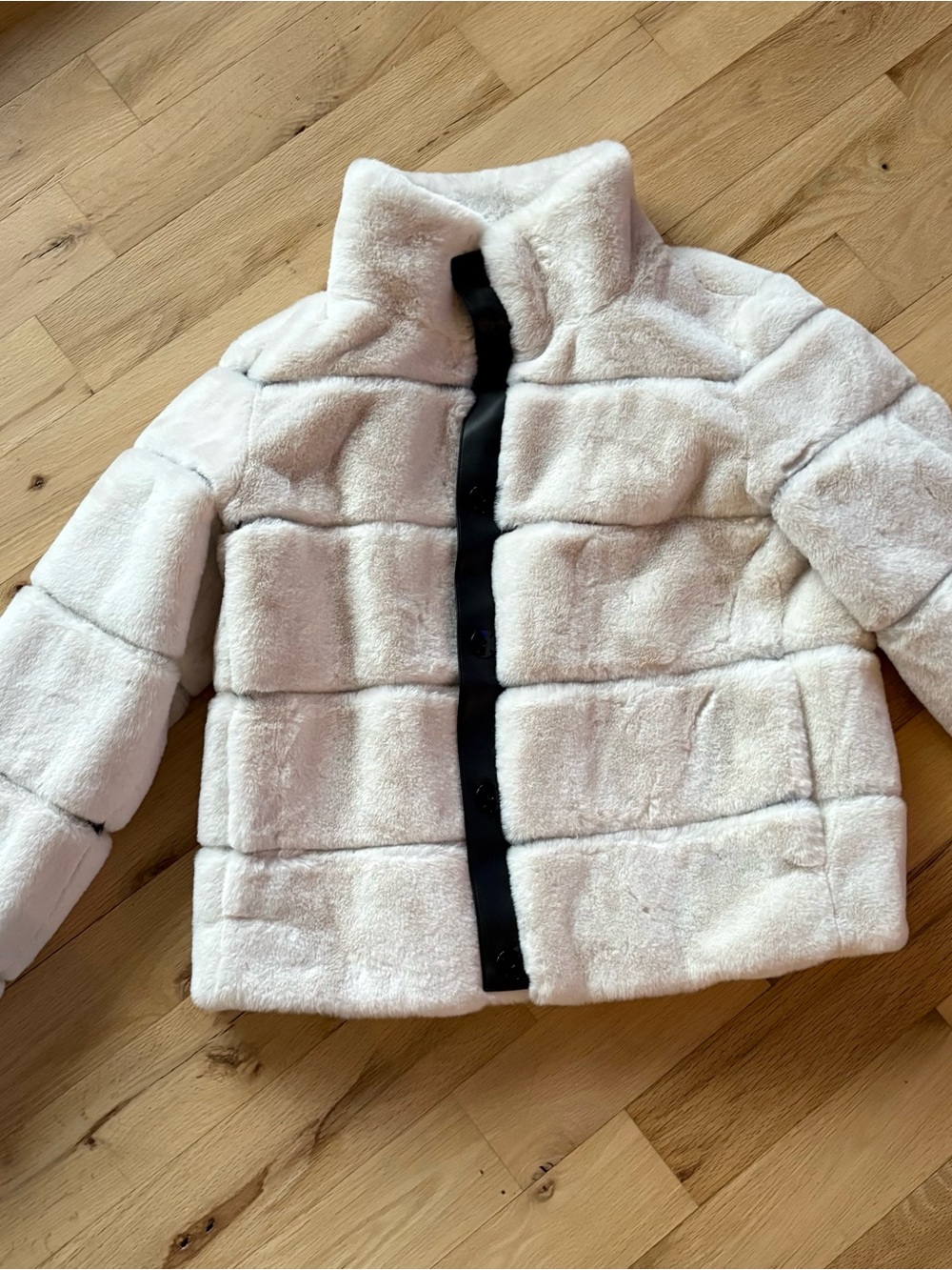 Karl Lagerfeld Plush Puffer Jacket in Light Cream with Black Trim
